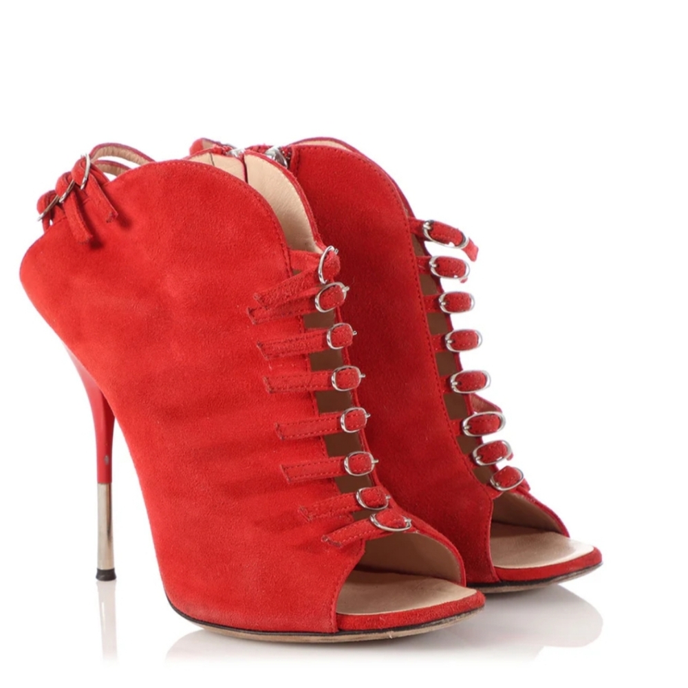 Authentic Giuseppe Zanotti Red Suede Strappy Open-Toe Booties